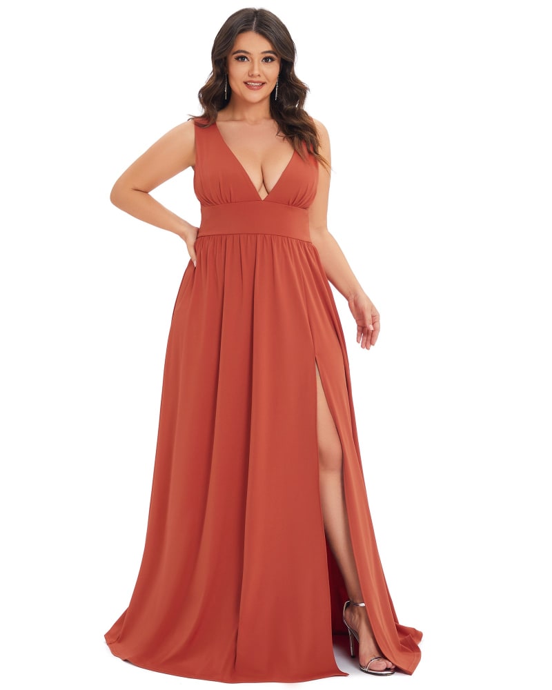 Front of a model wearing a size 10 Sleeveless V-Neck Empire Waist High Slit Floor-Length Evening Dress in Burnt Orange by Ever-Pretty. | dia_product_style_image_id:295619